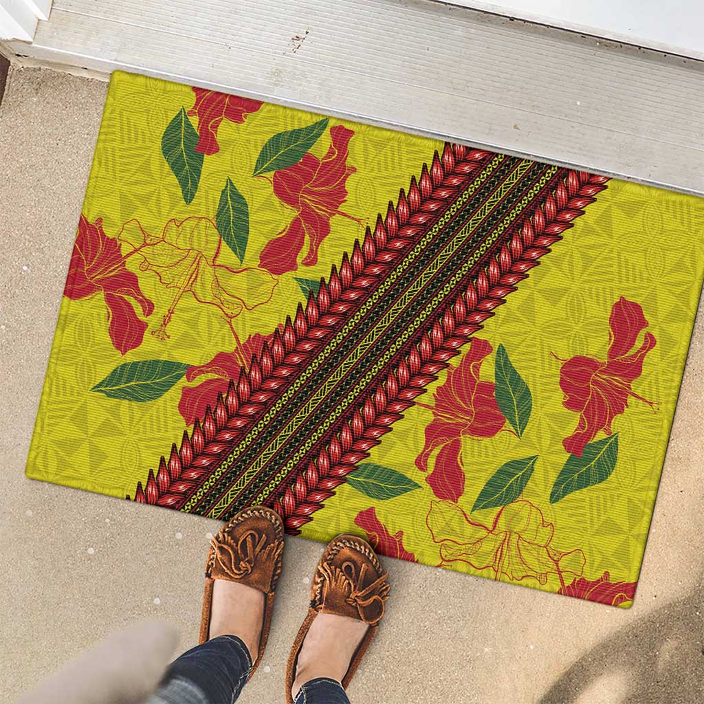 Samoan Culture Rubber Doormat Hibiscus and Ula Fala with Tapa Pattern Yellow Color LT03 - Polynesian Pride