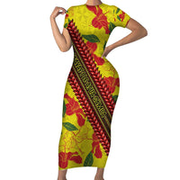 Samoan Culture Short Sleeve Bodycon Dress Hibiscus and Ula Fala with Tapa Pattern YellowColor LT03 Long Dress Yellow - Polynesian Pride
