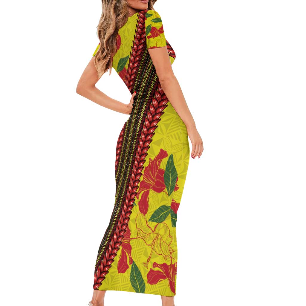 Samoan Culture Short Sleeve Bodycon Dress Hibiscus and Ula Fala with Tapa Pattern YellowColor LT03 - Polynesian Pride