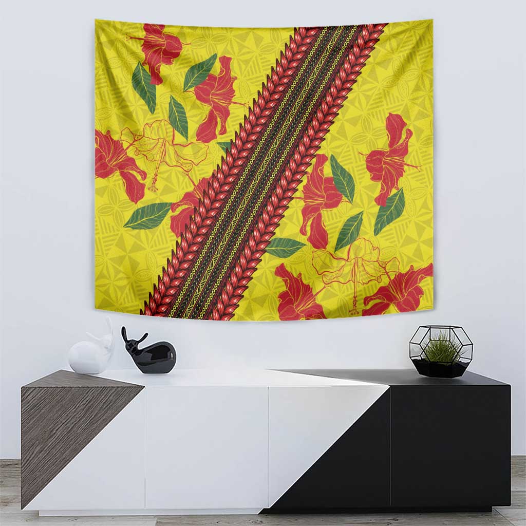Samoan Culture Tapestry Hibiscus and Ula Fala with Tapa Pattern Yellow Color LT03 - Polynesian Pride