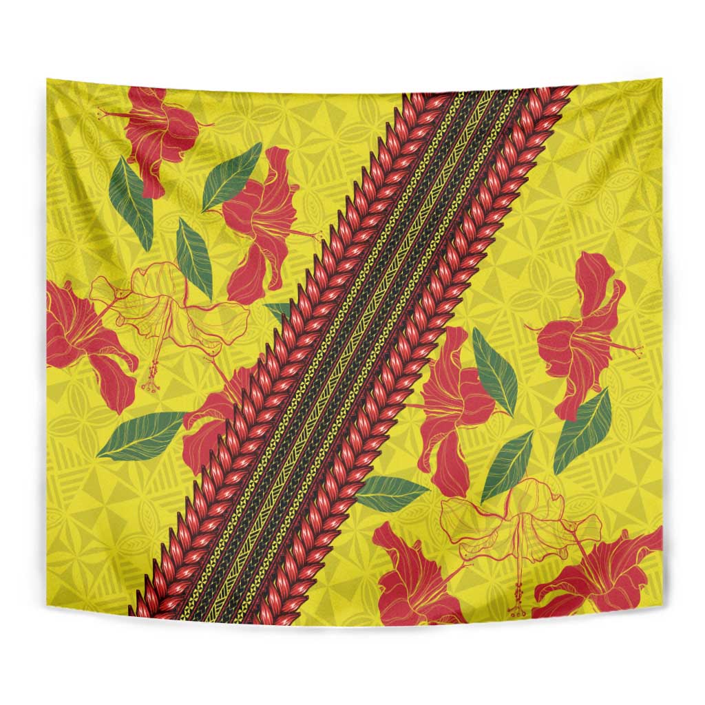 Samoan Culture Tapestry Hibiscus and Ula Fala with Tapa Pattern Yellow Color LT03 - Polynesian Pride
