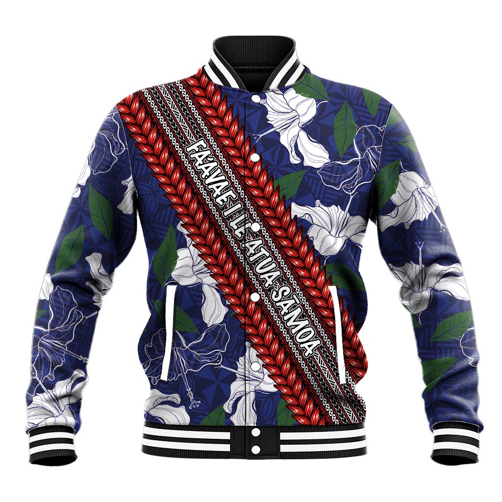 Samoan Culture Baseball Jacket Hibiscus and Ula Fala with Tapa Pattern Blue Color LT03 Unisex Blue - Polynesian Pride