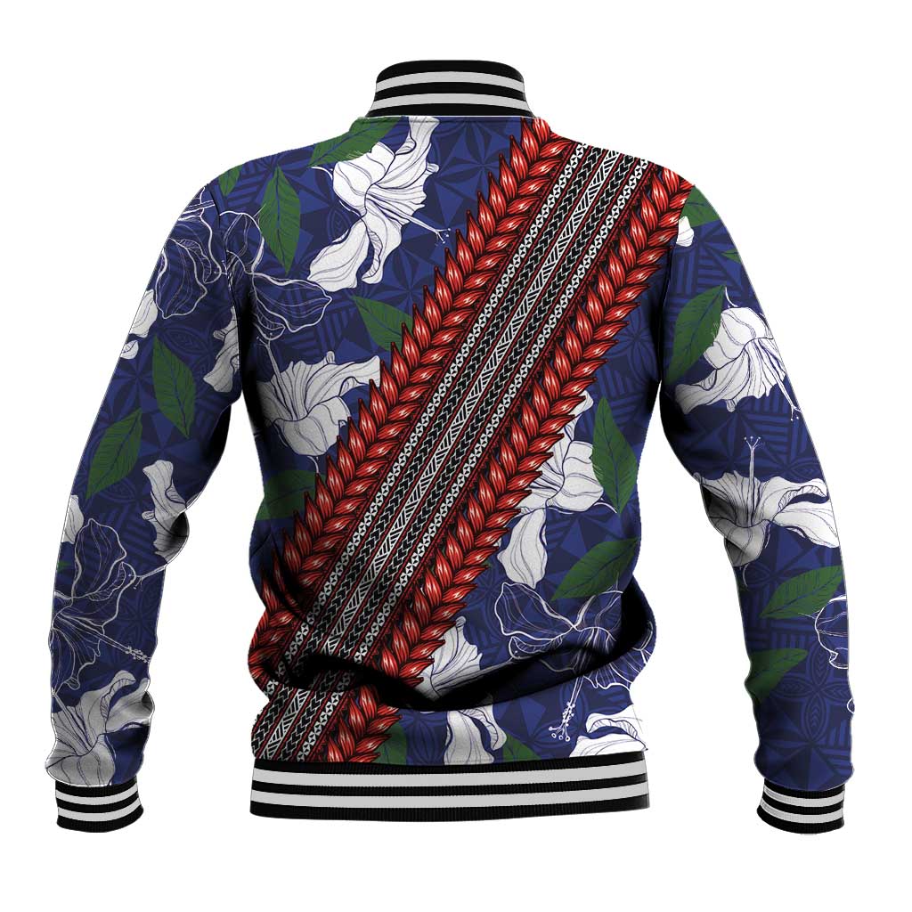 Samoan Culture Baseball Jacket Hibiscus and Ula Fala with Tapa Pattern Blue Color LT03 - Polynesian Pride