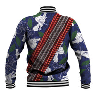 Samoan Culture Baseball Jacket Hibiscus and Ula Fala with Tapa Pattern Blue Color LT03 - Polynesian Pride