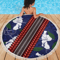 Samoan Culture Beach Blanket Hibiscus and Ula Fala with Tapa Pattern Blue Color