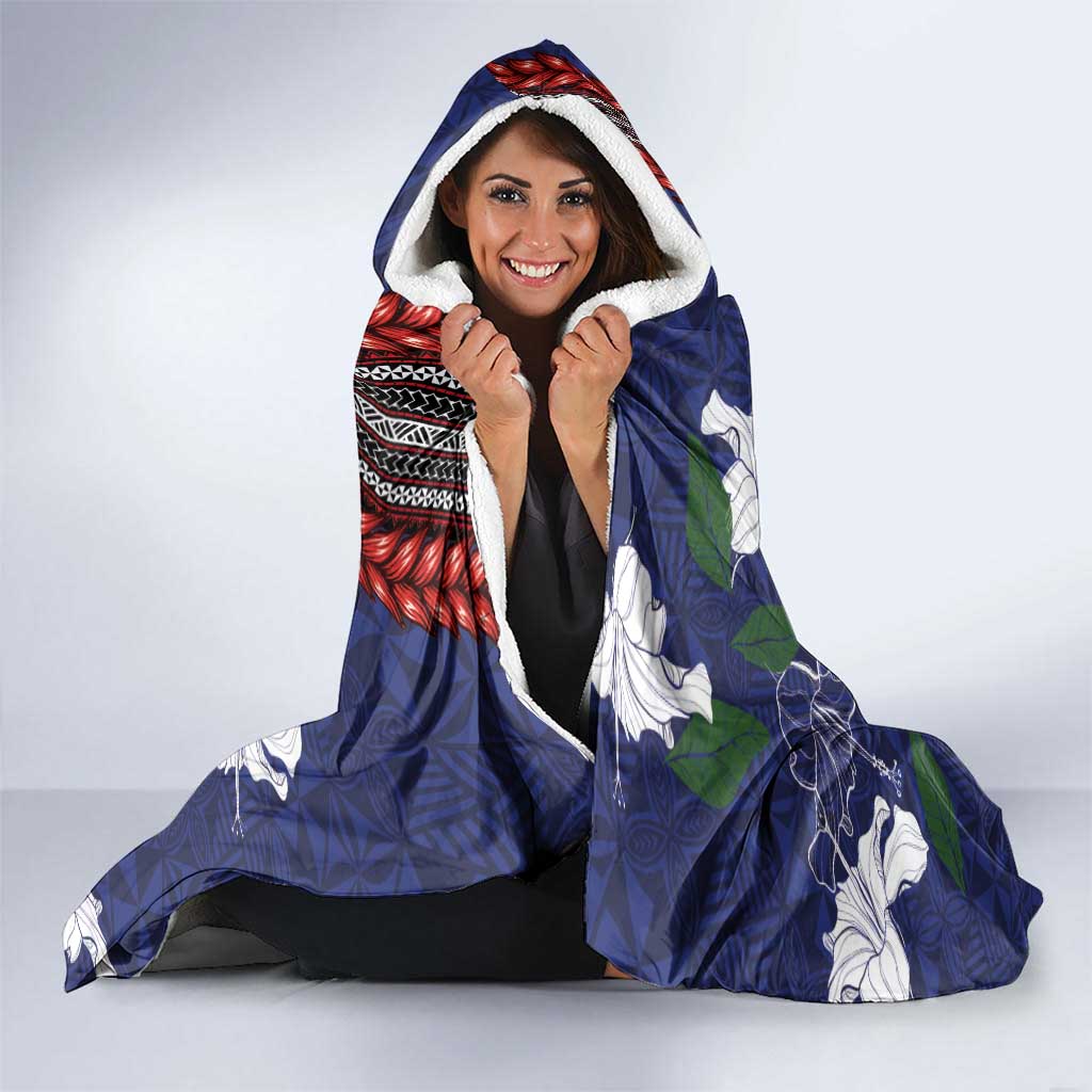 Samoan Culture Hooded Blanket Hibiscus and Ula Fala with Tapa Pattern Blue Color LT03 - Polynesian Pride