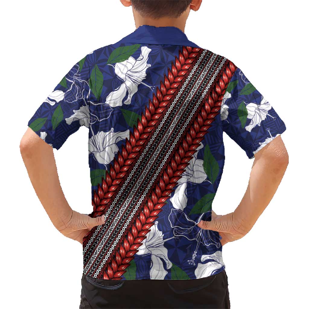 Samoan Culture Kid Hawaiian Shirt Hibiscus and Ula Fala with Tapa Pattern Blue Color LT03 - Polynesian Pride