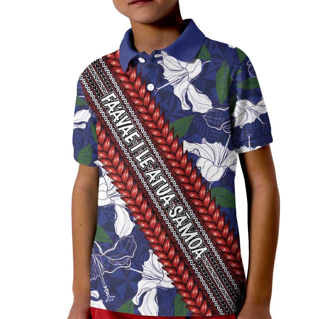 Samoan Culture Kid Polo Shirt Hibiscus and Ula Fala with Tapa Pattern Blue Color LT03 Kid Blue - Polynesian Pride