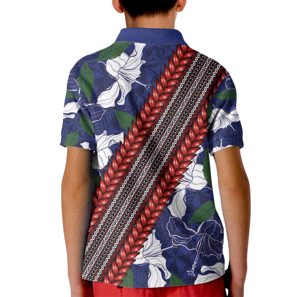 Samoan Culture Kid Polo Shirt Hibiscus and Ula Fala with Tapa Pattern Blue Color LT03 - Polynesian Pride