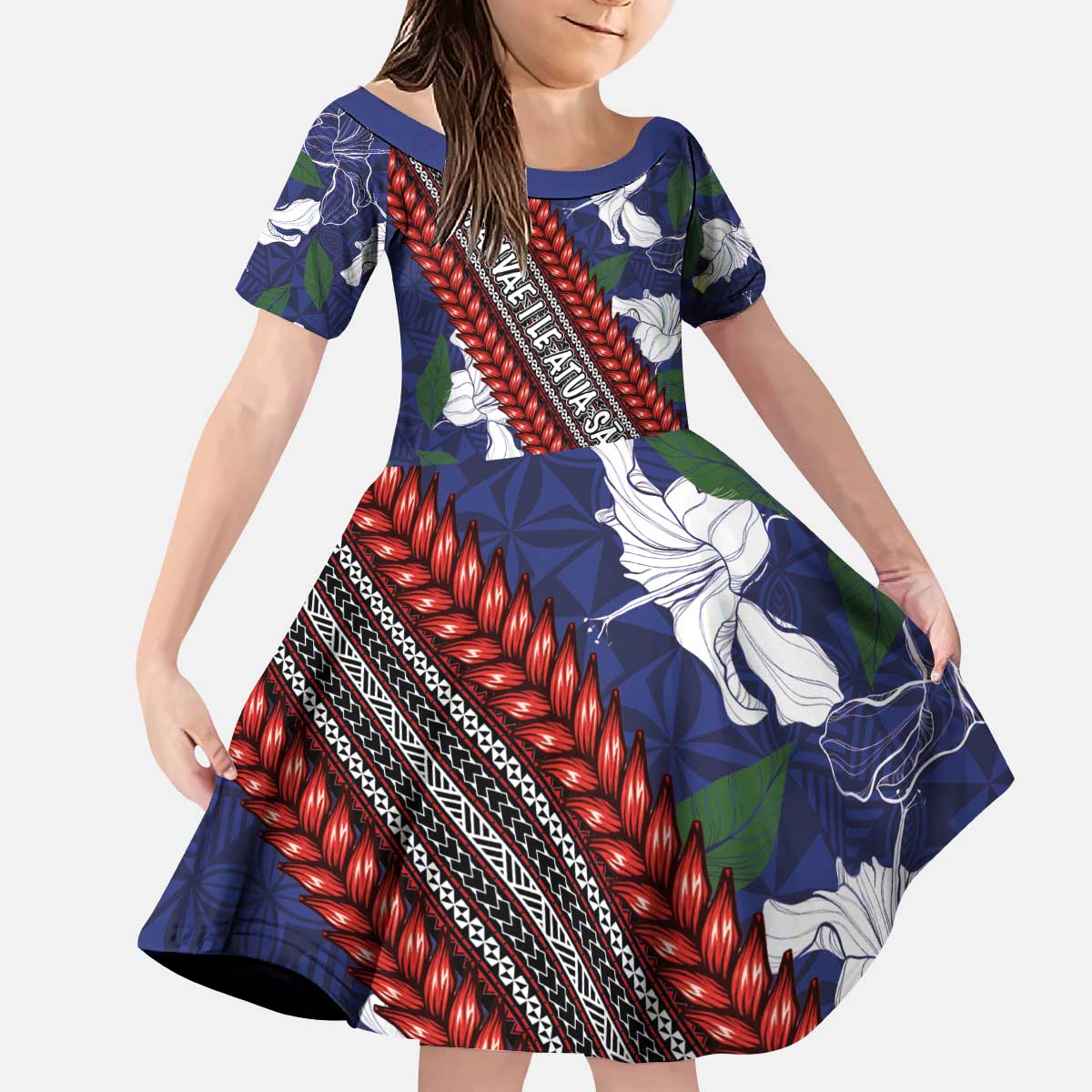 Samoan Culture Kid Short Sleeve Dress Hibiscus and Ula Fala with Tapa Pattern Blue Color LT03 KID Blue - Polynesian Pride