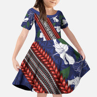 Samoan Culture Kid Short Sleeve Dress Hibiscus and Ula Fala with Tapa Pattern Blue Color LT03 KID Blue - Polynesian Pride