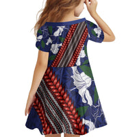Samoan Culture Kid Short Sleeve Dress Hibiscus and Ula Fala with Tapa Pattern Blue Color LT03 - Polynesian Pride