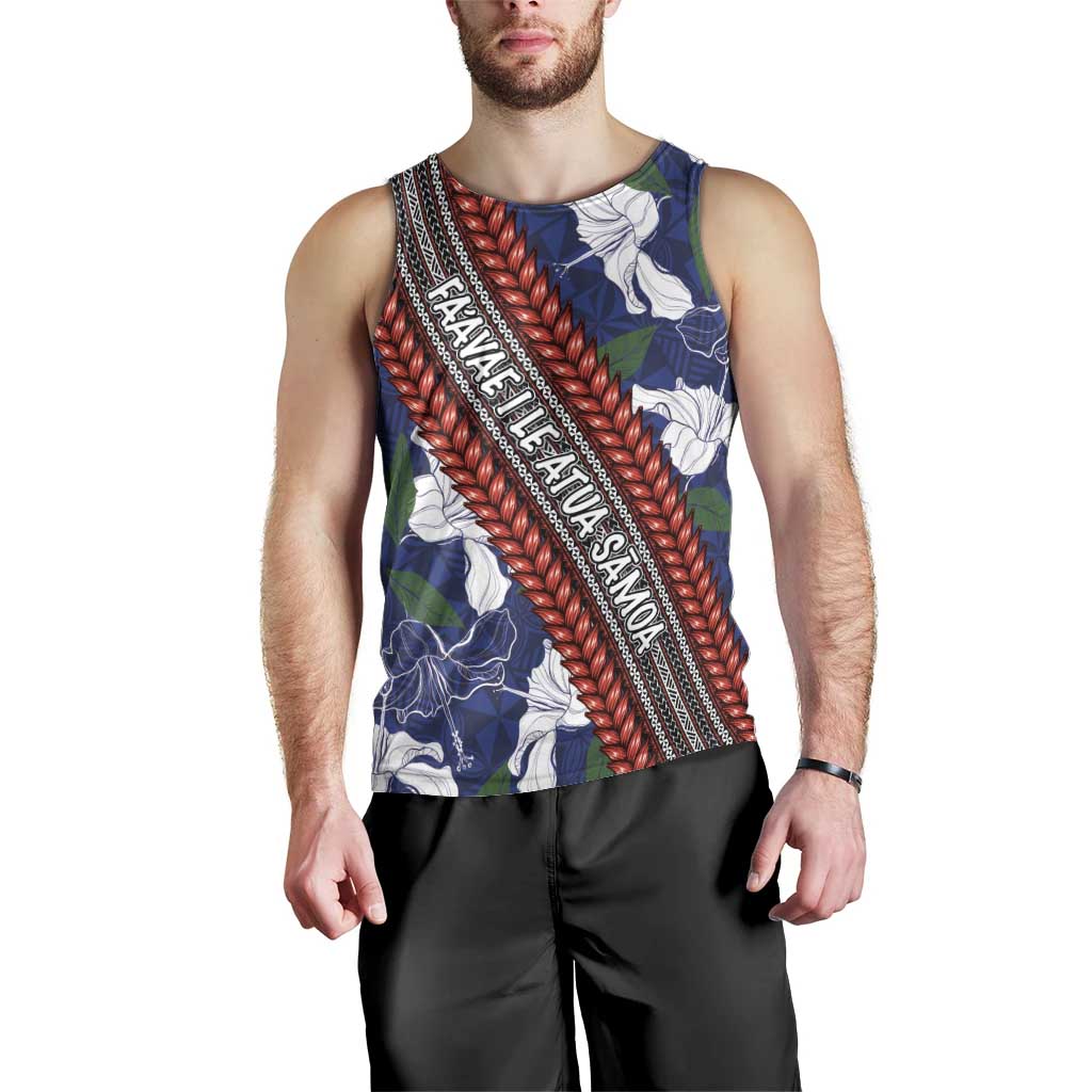 Samoan Culture Men Tank Top Hibiscus and Ula Fala with Tapa Pattern Blue Color