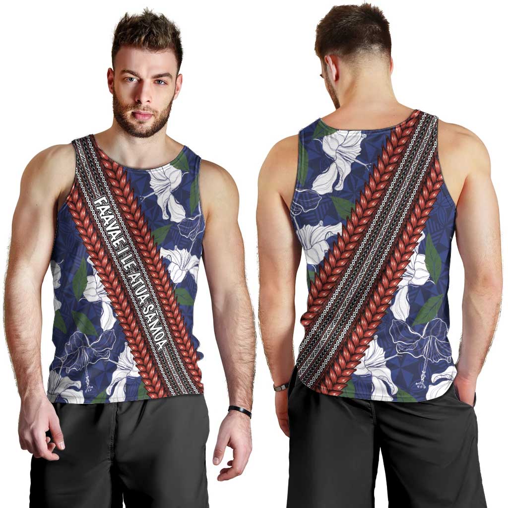 Samoan Culture Men Tank Top Hibiscus and Ula Fala with Tapa Pattern Blue Color