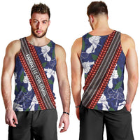 Samoan Culture Men Tank Top Hibiscus and Ula Fala with Tapa Pattern Blue Color