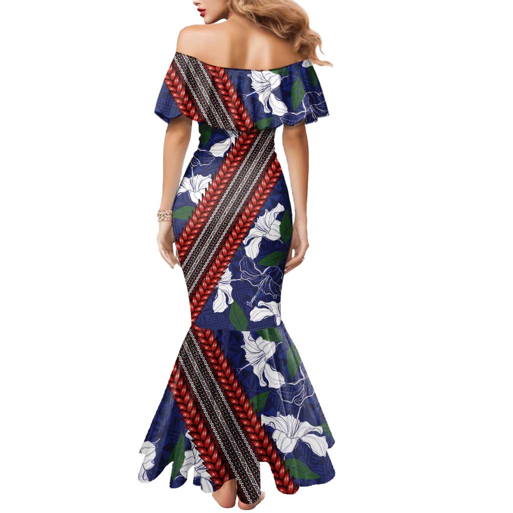 Samoan Culture Mermaid Dress Hibiscus and Ula Fala with Tapa Pattern Blue Color