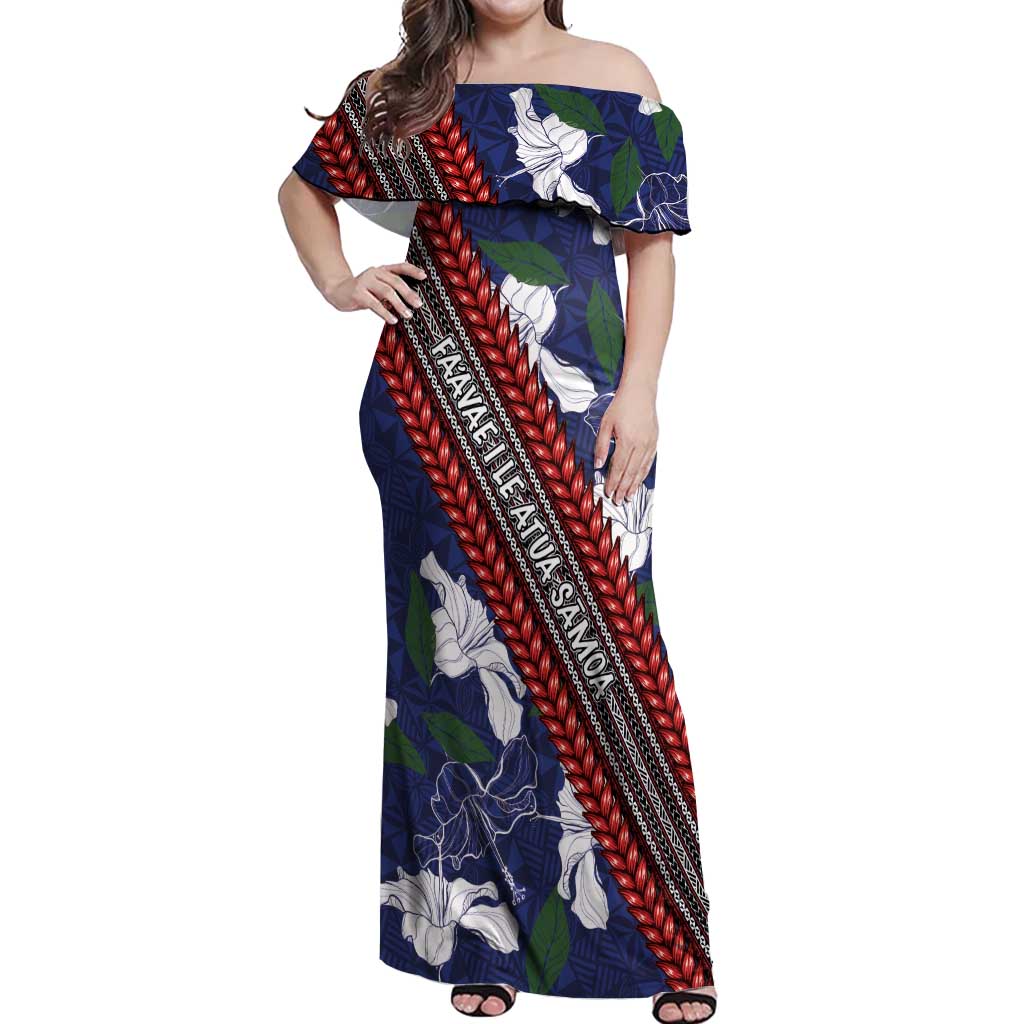 Samoan Culture Off Shoulder Maxi Dress Hibiscus and Ula Fala with Tapa Pattern Blue Color LT03 Women Blue - Polynesian Pride
