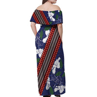Samoan Culture Off Shoulder Maxi Dress Hibiscus and Ula Fala with Tapa Pattern Blue Color LT03 - Polynesian Pride