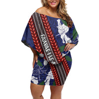Samoan Culture Off Shoulder Short Dress Hibiscus and Ula Fala with Tapa Pattern Blue Color LT03 Women Blue - Polynesian Pride