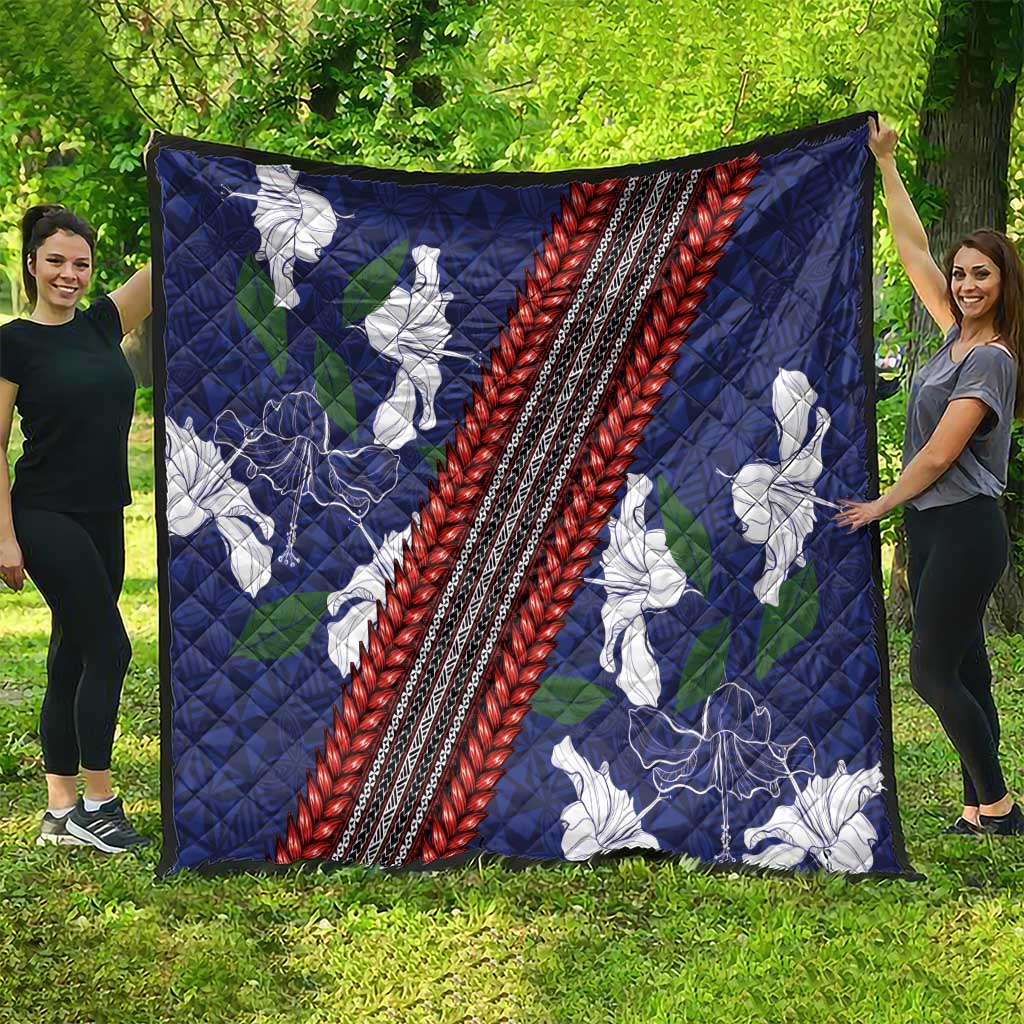 Samoan Culture Quilt Hibiscus and Ula Fala with Tapa Pattern Blue Color LT03 - Polynesian Pride
