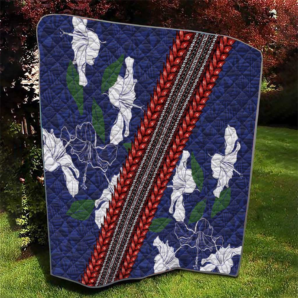 Samoan Culture Quilt Hibiscus and Ula Fala with Tapa Pattern Blue Color LT03 - Polynesian Pride