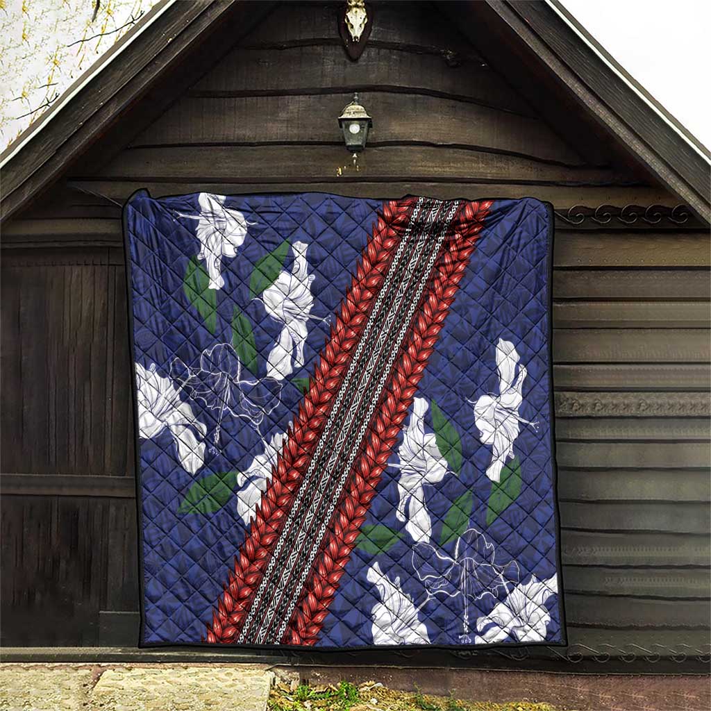 Samoan Culture Quilt Hibiscus and Ula Fala with Tapa Pattern Blue Color LT03 - Polynesian Pride