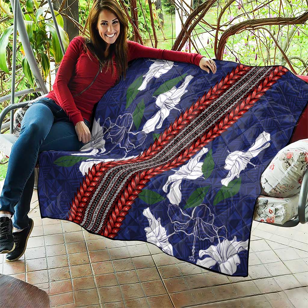 Samoan Culture Quilt Hibiscus and Ula Fala with Tapa Pattern Blue Color LT03 - Polynesian Pride