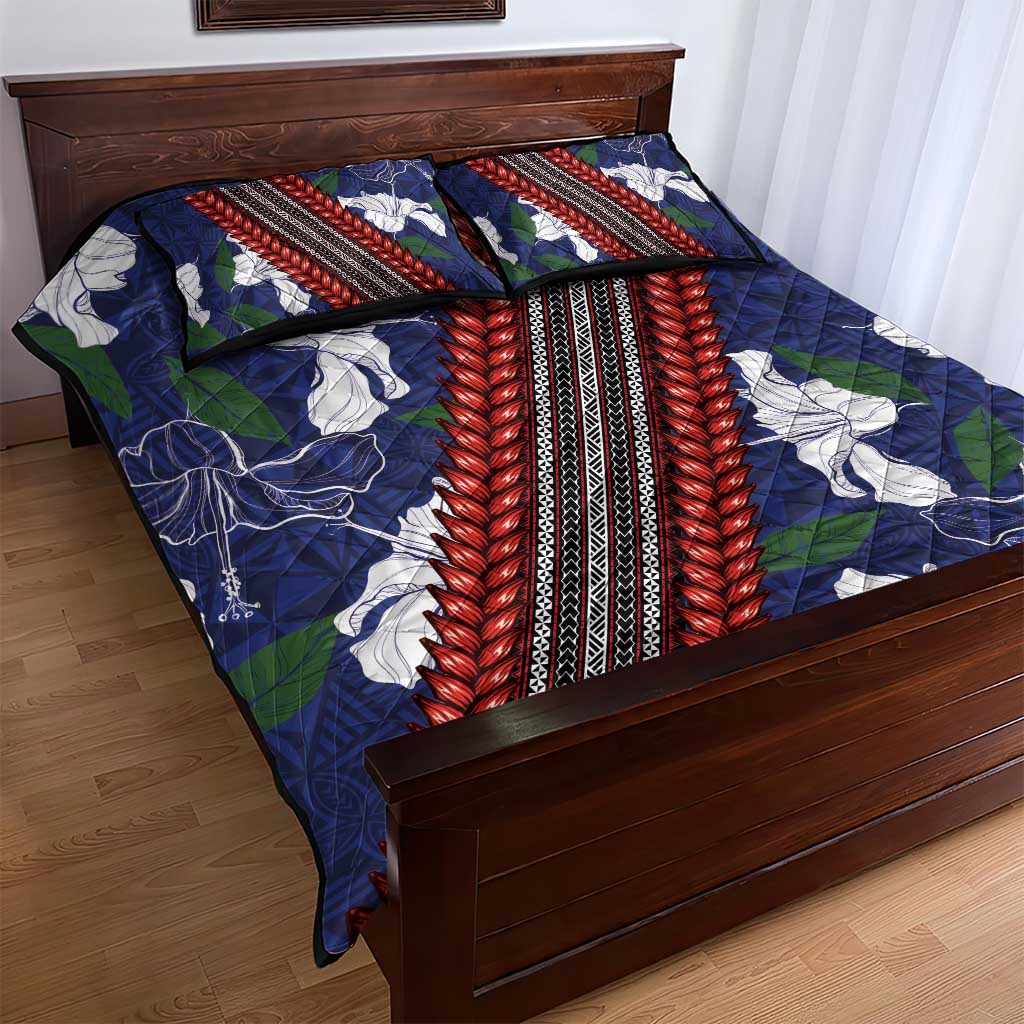 Samoan Culture Quilt Bed Set Hibiscus and Ula Fala with Tapa Pattern Blue Color