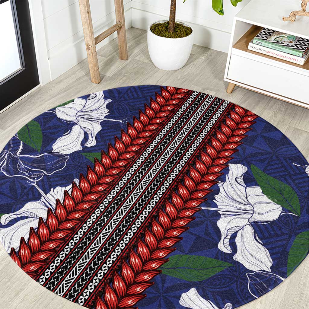 Samoan Culture Round Carpet Hibiscus and Ula Fala with Tapa Pattern Blue Color LT03 Blue - Polynesian Pride