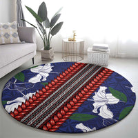 Samoan Culture Round Carpet Hibiscus and Ula Fala with Tapa Pattern Blue Color LT03 - Polynesian Pride