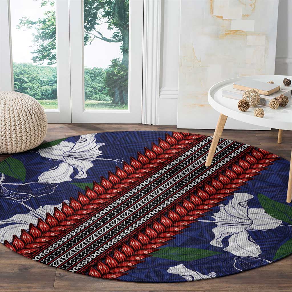 Samoan Culture Round Carpet Hibiscus and Ula Fala with Tapa Pattern Blue Color LT03 - Polynesian Pride