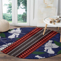Samoan Culture Round Carpet Hibiscus and Ula Fala with Tapa Pattern Blue Color LT03 - Polynesian Pride