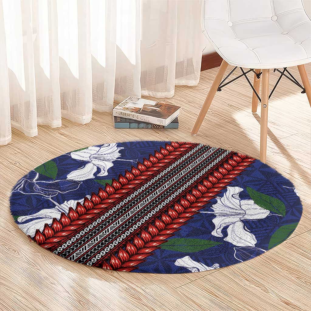 Samoan Culture Round Carpet Hibiscus and Ula Fala with Tapa Pattern Blue Color LT03 - Polynesian Pride