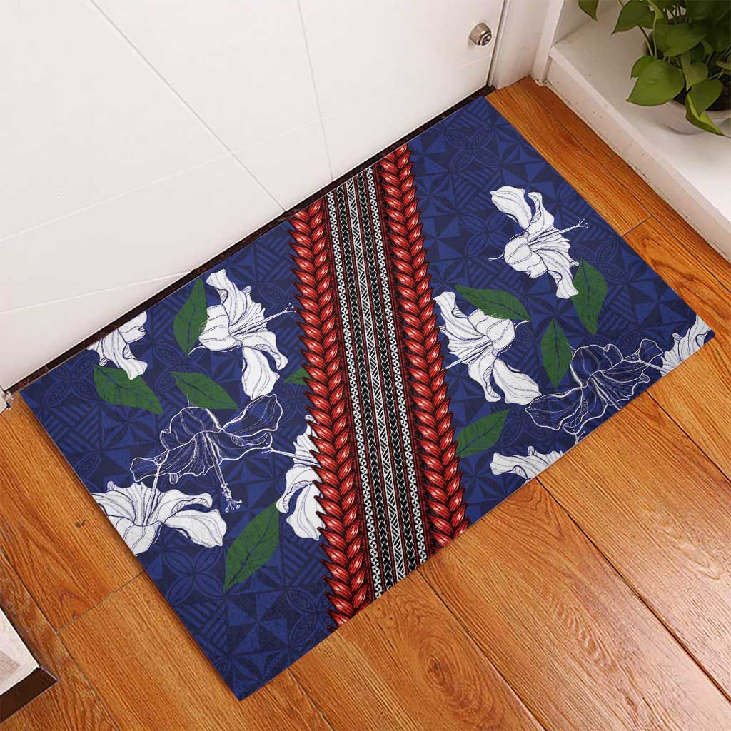 Samoan Culture Rubber Doormat Hibiscus and Ula Fala with Tapa Pattern Blue Color LT03 - Polynesian Pride