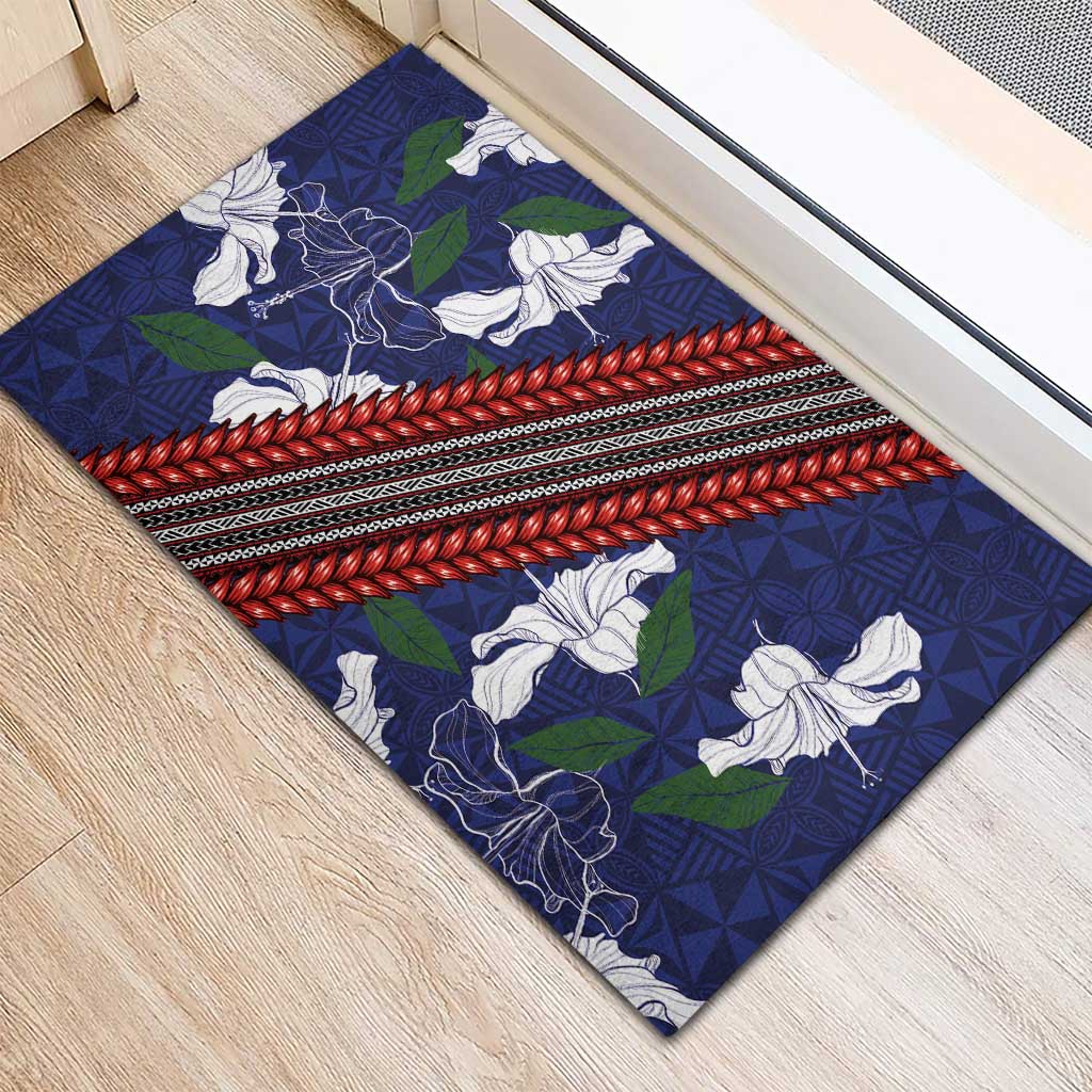 Samoan Culture Rubber Doormat Hibiscus and Ula Fala with Tapa Pattern Blue Color LT03 - Polynesian Pride