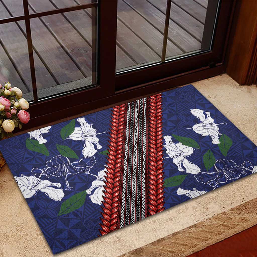Samoan Culture Rubber Doormat Hibiscus and Ula Fala with Tapa Pattern Blue Color LT03 - Polynesian Pride