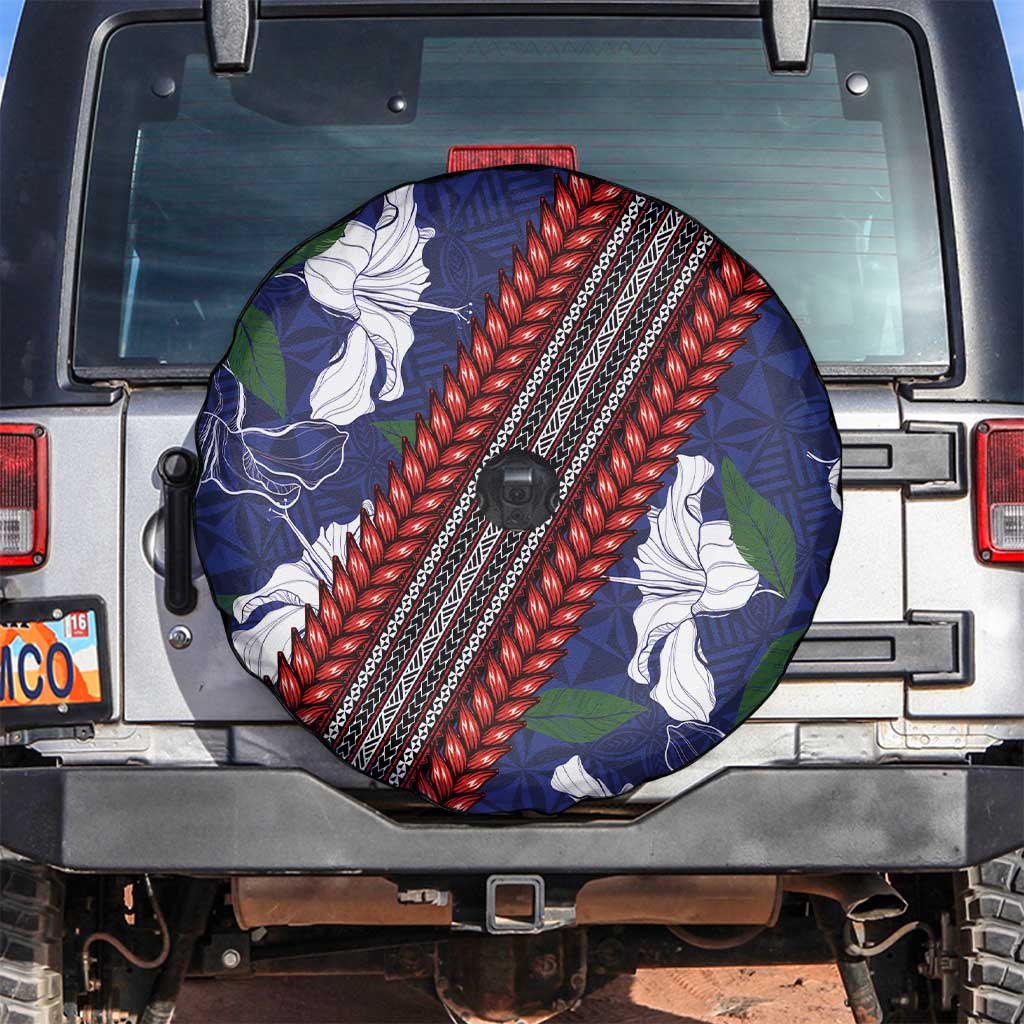 Samoan Culture Spare Tire Cover Hibiscus and Ula Fala with Tapa Pattern Blue Color LT03 Blue - Polynesian Pride