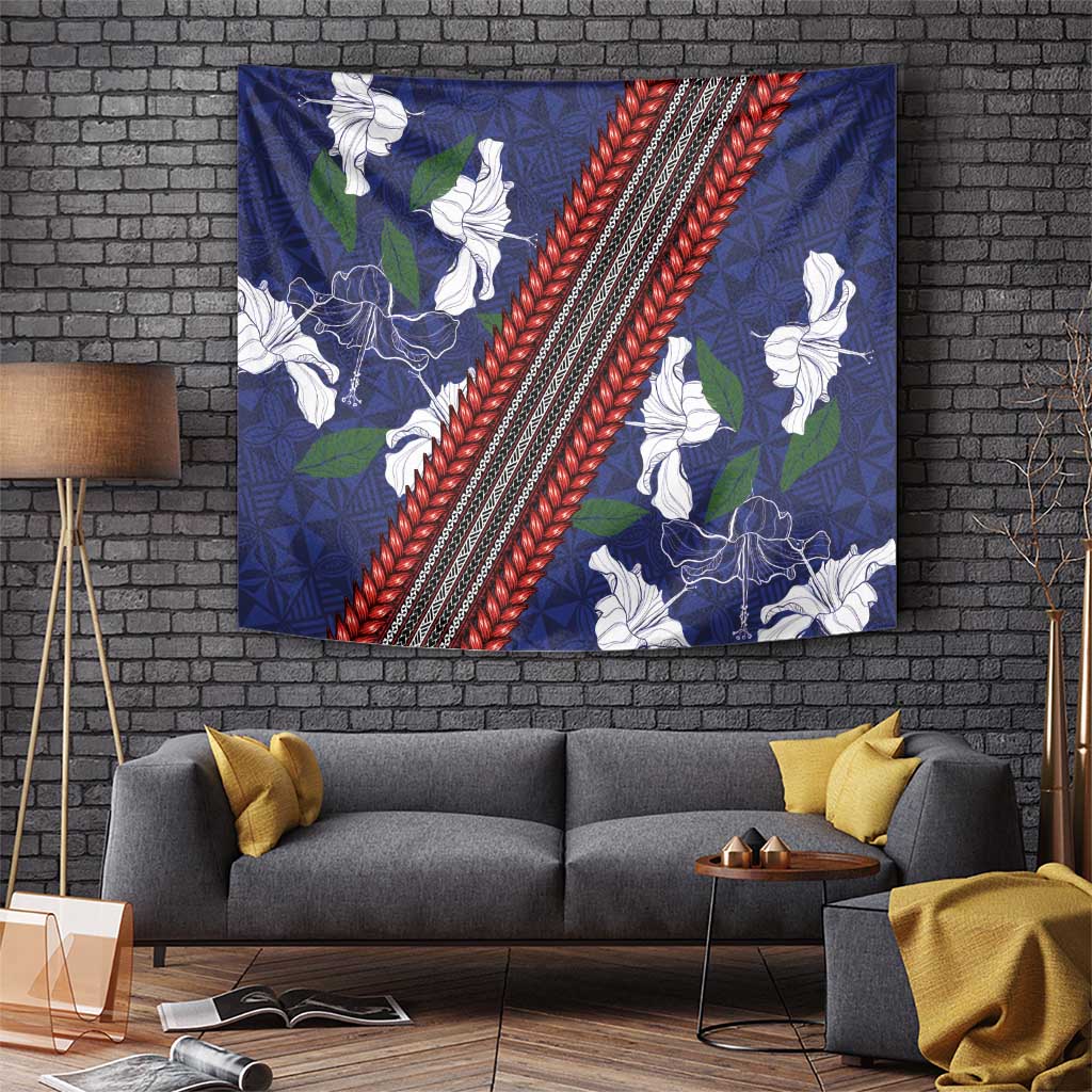 Samoan Culture Tapestry Hibiscus and Ula Fala with Tapa Pattern Blue Color LT03 - Polynesian Pride