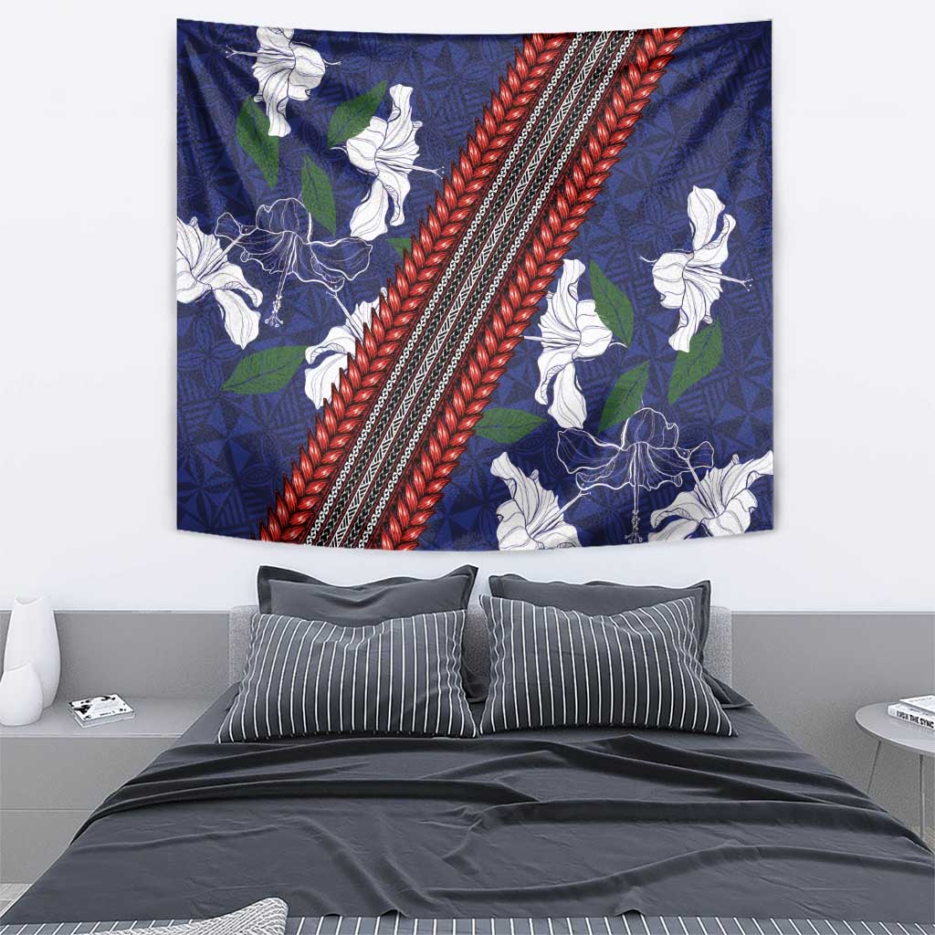 Samoan Culture Tapestry Hibiscus and Ula Fala with Tapa Pattern Blue Color LT03 - Polynesian Pride