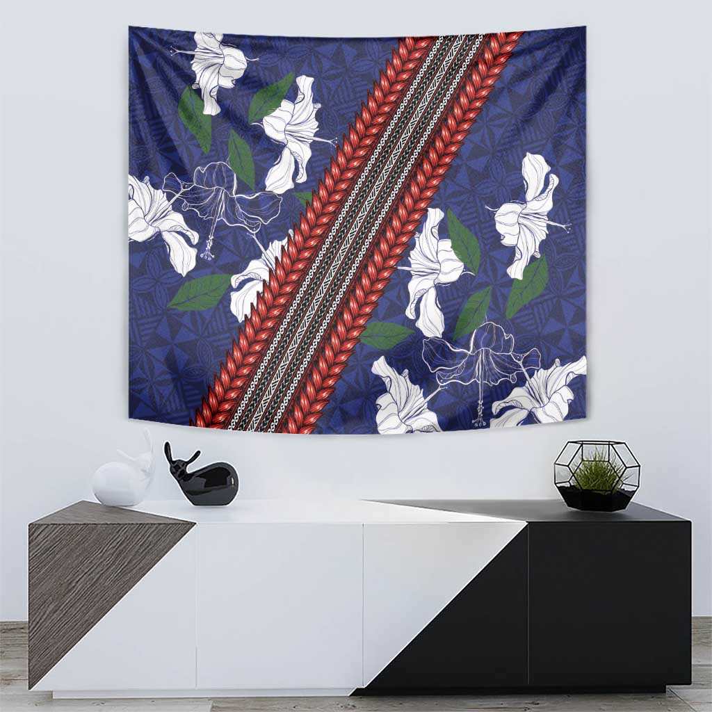 Samoan Culture Tapestry Hibiscus and Ula Fala with Tapa Pattern Blue Color LT03 - Polynesian Pride