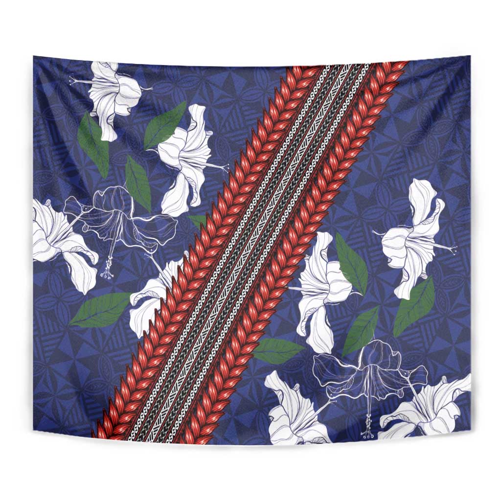 Samoan Culture Tapestry Hibiscus and Ula Fala with Tapa Pattern Blue Color LT03 - Polynesian Pride