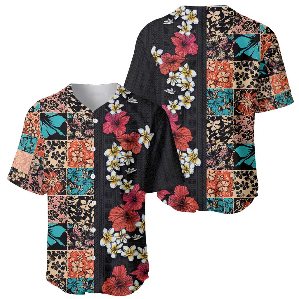 Hawaiian Hibiscus and Tropical Leaves Baseball Jersey Patchwork Grunge Abstract Vintage Style LT03 - Polynesian Pride