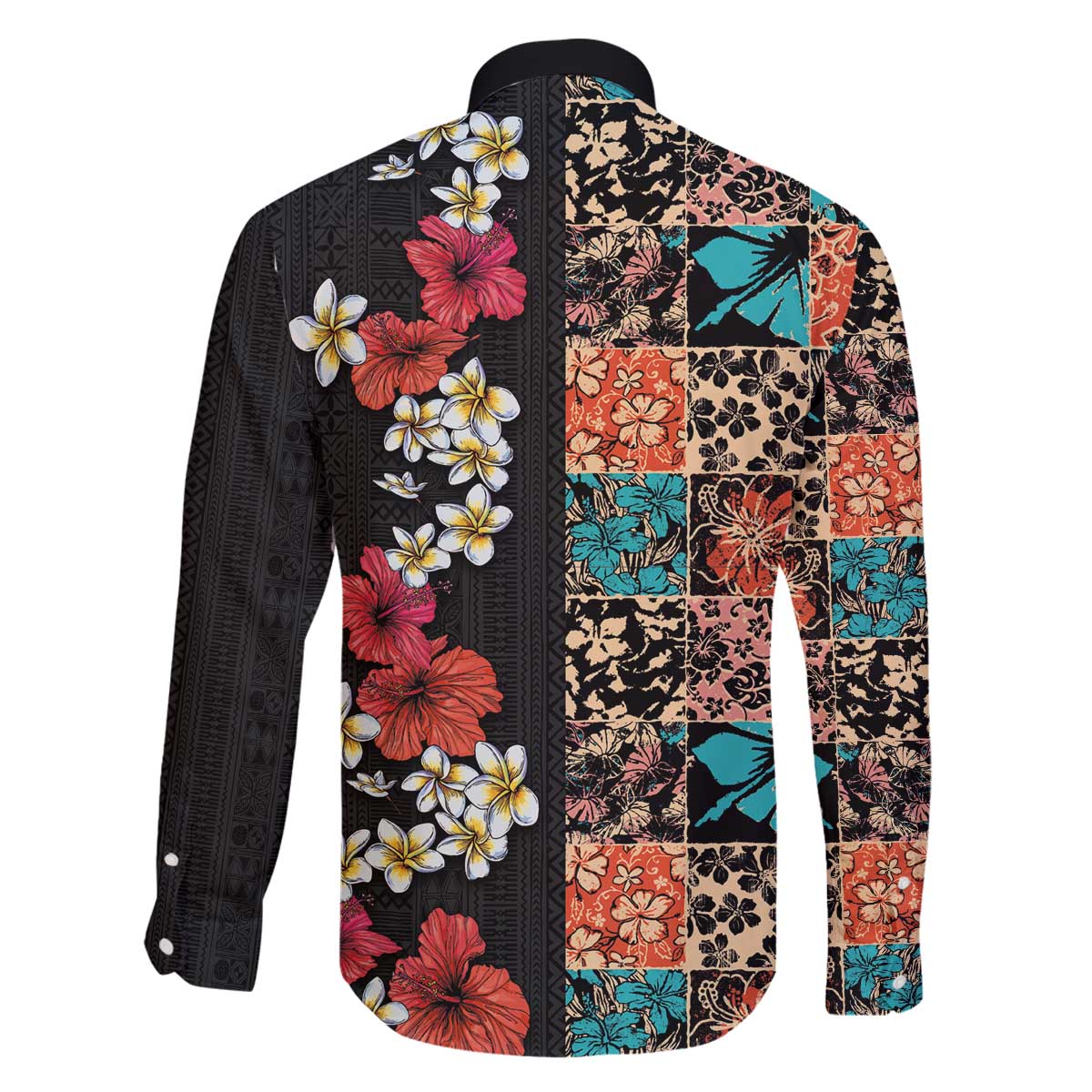 Hawaiian Hibiscus and Tropical Leaves Family Matching Off Shoulder Short Dress and Hawaiian Shirt Patchwork Grunge Abstract Vintage Style