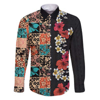 Hawaiian Hibiscus and Tropical Leaves Family Matching Puletasi and Hawaiian Shirt Patchwork Grunge Abstract Vintage Style