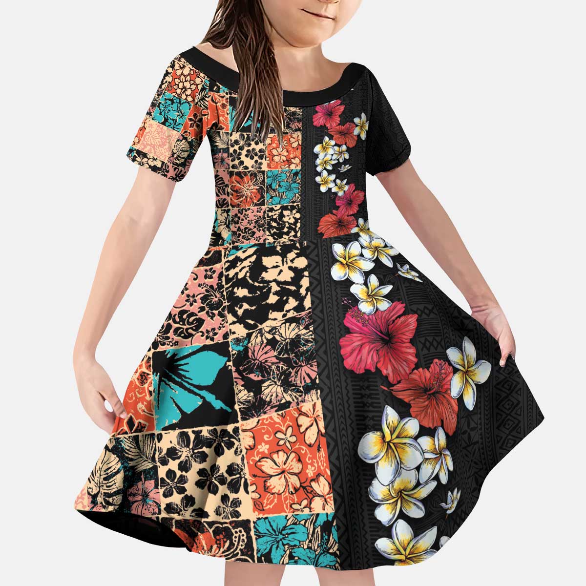 Hawaiian Hibiscus and Tropical Leaves Kid Short Sleeve Dress Patchwork Grunge Abstract Vintage Style LT03 KID Black - Polynesian Pride
