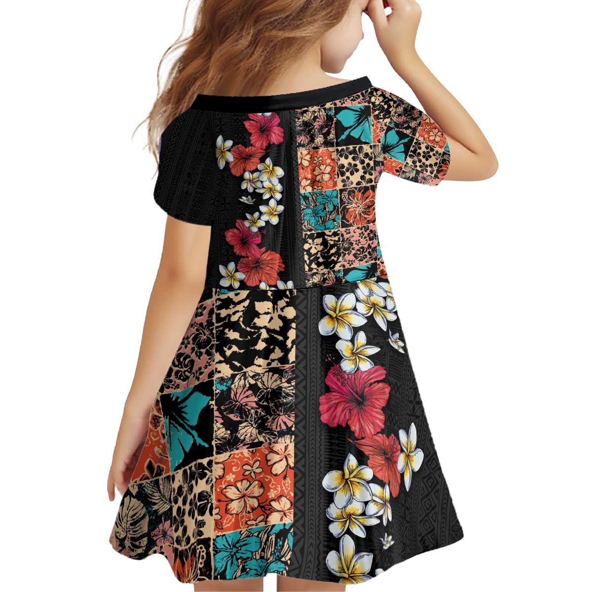Hawaiian Hibiscus and Tropical Leaves Kid Short Sleeve Dress Patchwork Grunge Abstract Vintage Style LT03 - Polynesian Pride