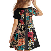 Hawaiian Hibiscus and Tropical Leaves Kid Short Sleeve Dress Patchwork Grunge Abstract Vintage Style LT03 - Polynesian Pride