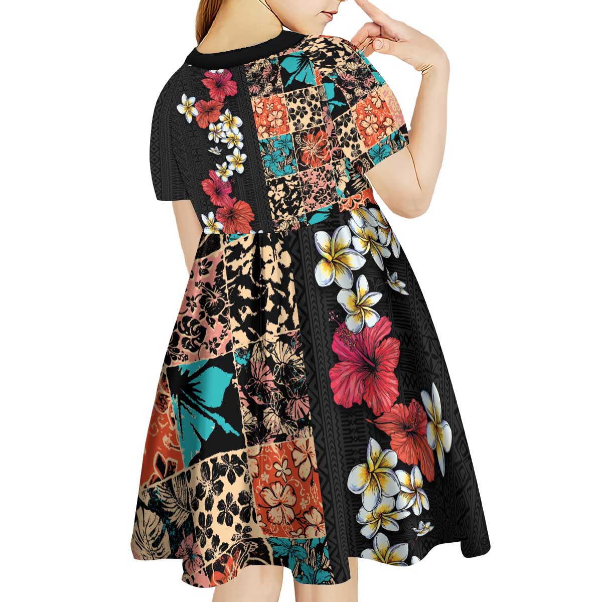 Hawaiian Hibiscus and Tropical Leaves Kid Short Sleeve Dress Patchwork Grunge Abstract Vintage Style LT03 - Polynesian Pride