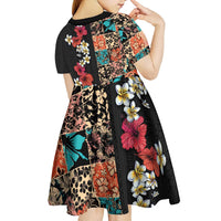 Hawaiian Hibiscus and Tropical Leaves Kid Short Sleeve Dress Patchwork Grunge Abstract Vintage Style LT03 - Polynesian Pride
