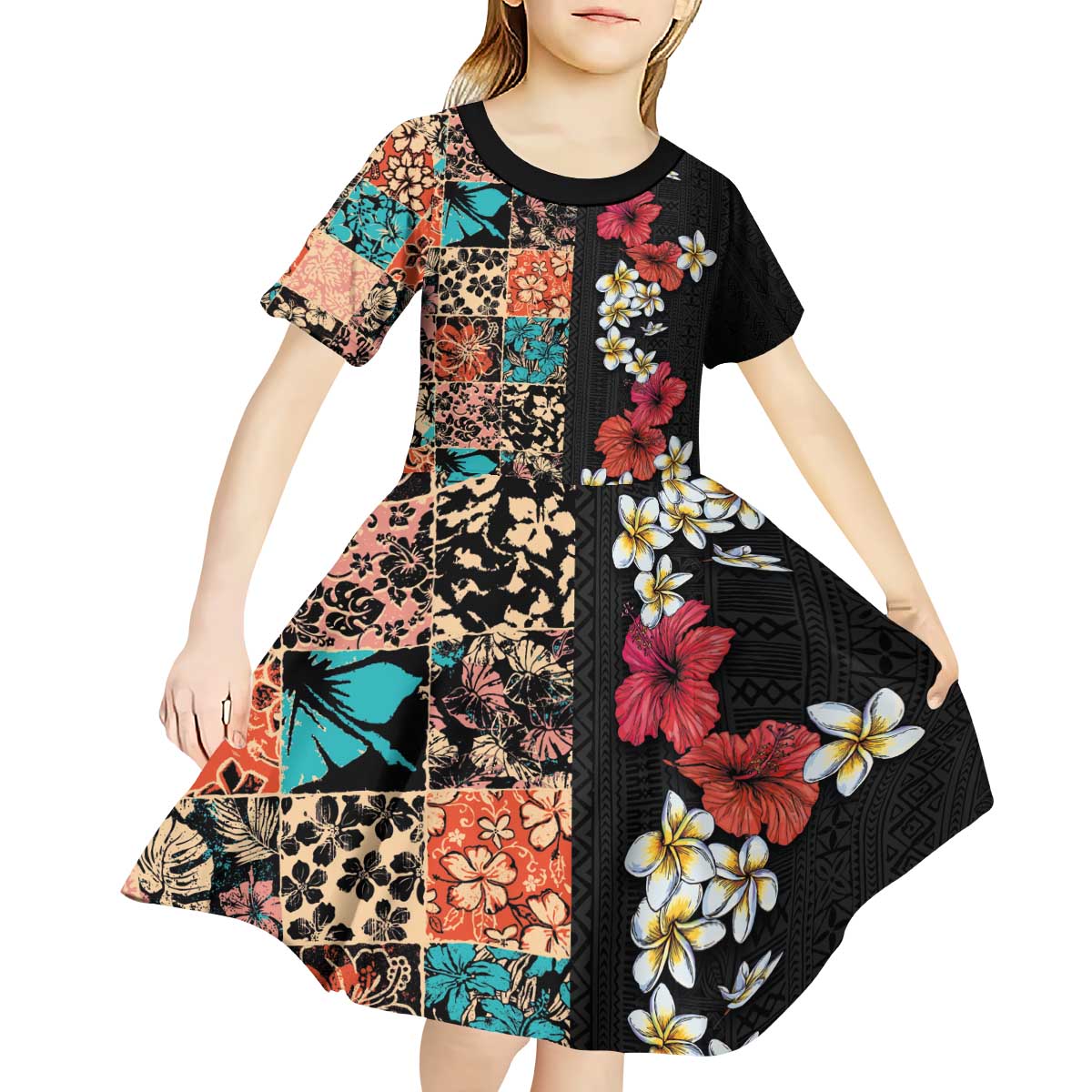 Hawaiian Hibiscus and Tropical Leaves Kid Short Sleeve Dress Patchwork Grunge Abstract Vintage Style LT03 - Polynesian Pride
